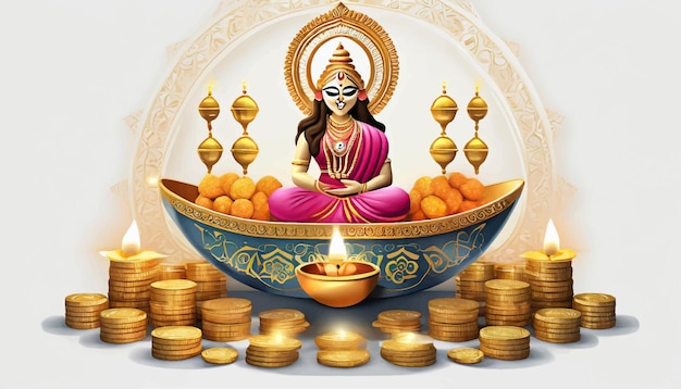 creative vector illustration of Indian festival Dhanteras festival with Goddess Laxmi with golden co