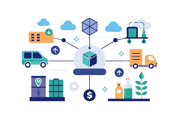 Creative vector illustration of a logistics and supply chain network showcasing delivery options and transportation elements