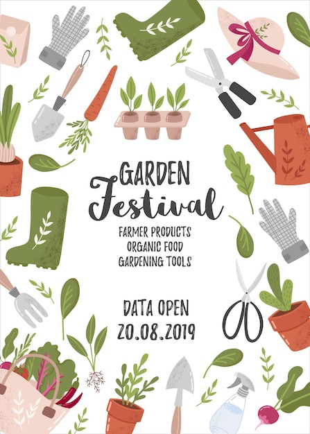 Creative vertical flyer or poster template with gardening tools and place for text for garden