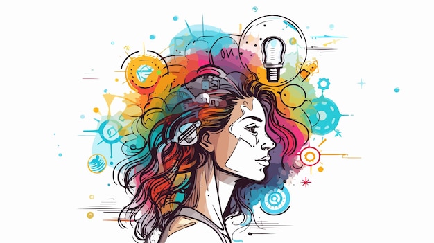 Vector creative woman thinking with light bulb and gears overhead