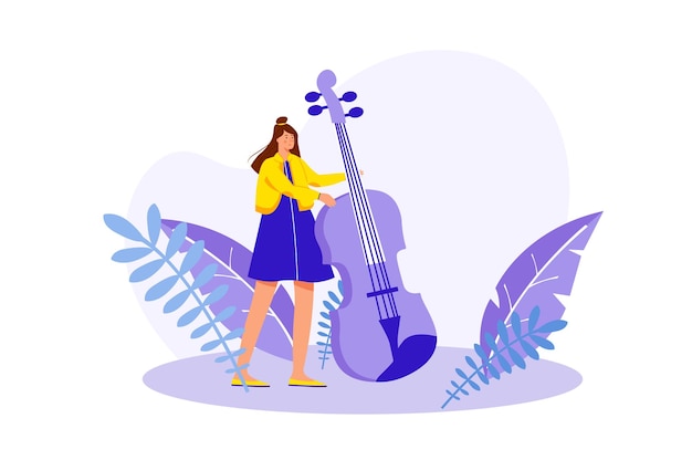 Creative workers concept with people scene in the flat cartoon design Musician creates a new melody and tries to play it on the violin Vector illustration