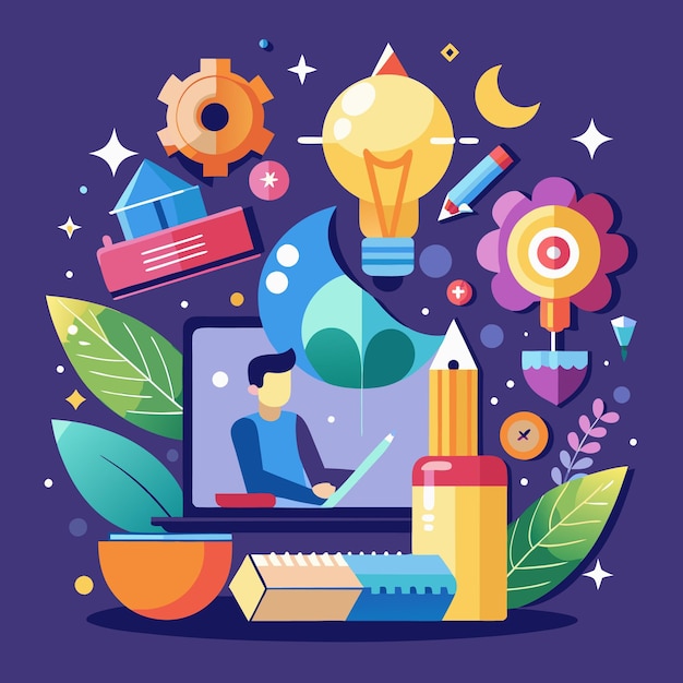 Vector creative workspace illustration vibrant office design with inspirational elements