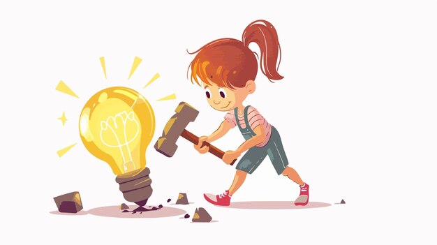 Vector creative young girl smashing light bulb with hammer