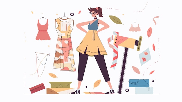 Vector creative young woman constructing and designing conceptual ideas