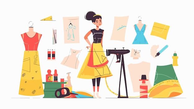 Vector creative young woman constructing and designing conceptual ideas