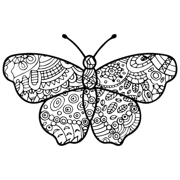 Creative zentangle style butterfly with ethnic floral ornaments coloring page