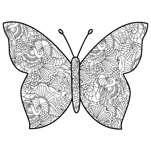 Creative zentangle style butterfly with ethnic floral ornaments coloring page