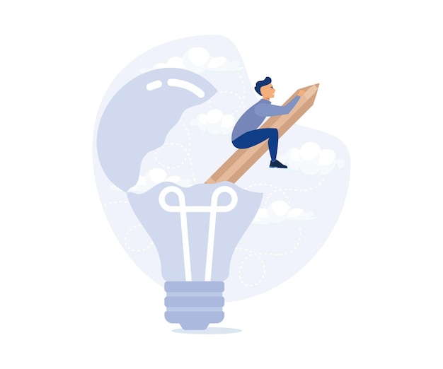 Vector creativity to create new idea, man riding pencil rocket from opening lightbulb. modern flat