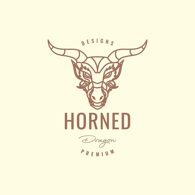 Creature ancient legend myth horned dragon head line art hipster vintage logo design vector