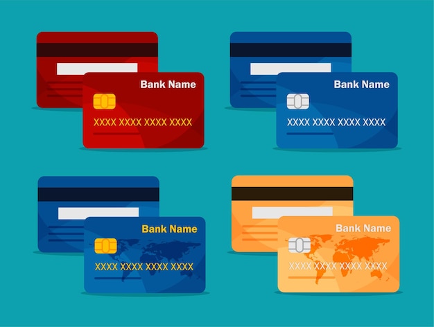 Credit card front and back view Bank cards set template Online payment