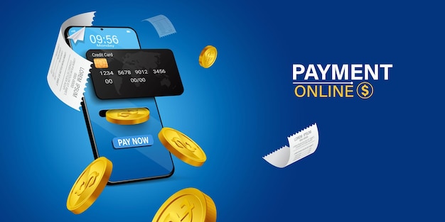 credit card is on the smartphone and there are coins around itMobile payment concept without ATM