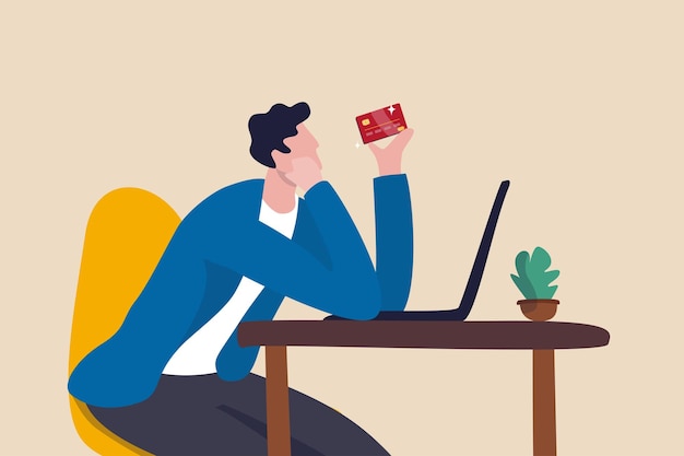 Credit card online payment ecommerce or internet shopping concept contemplation man looking at his credit card about to using it to buy things online