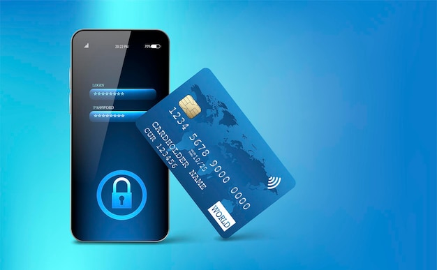 Credit card smartphone with login and password interface Safe shopping secure payments secure transaction concepts Blue gradient background Vector illustration