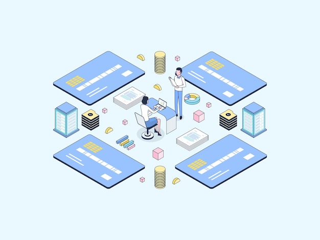 Credit Card System Isometric Illustration Lineal Color. Suitable for Mobile App, Website, Banner, Diagrams, Infographics, and Other Graphic Assets.