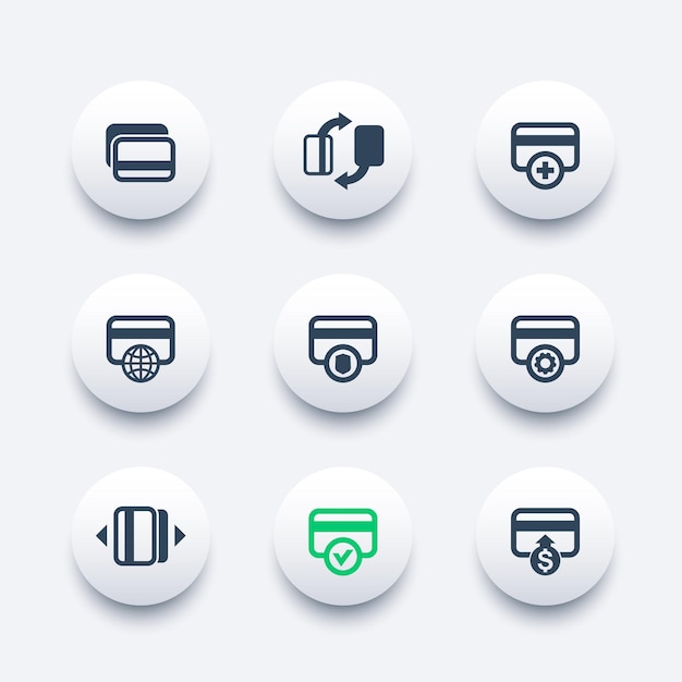 Credit cards icons set for mobile banking app, secure payment, add new card, processing