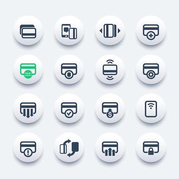 Credit cards icons set for mobile banking apps, contactless payment, add new card, processing