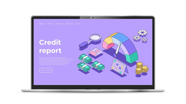 Credit report landing page Realistic laptop mockup Loan history meter or scale Rating concept Calculate credit report Vector illustration