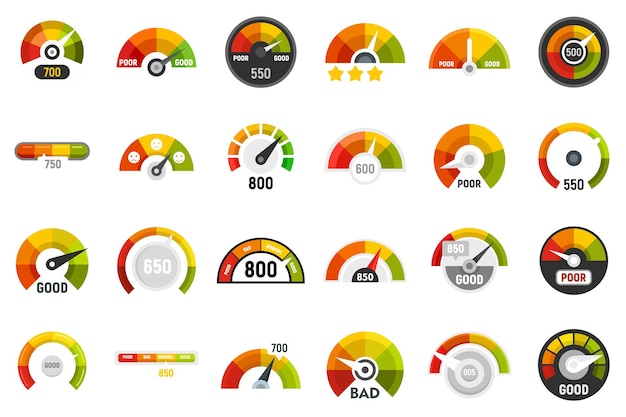 Credit score icons set. Flat set of credit score vector icons isolated on white background