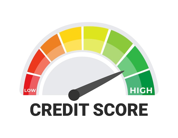 Vector credit score monitoring dial illustration with indicator arrow from low to high financial health