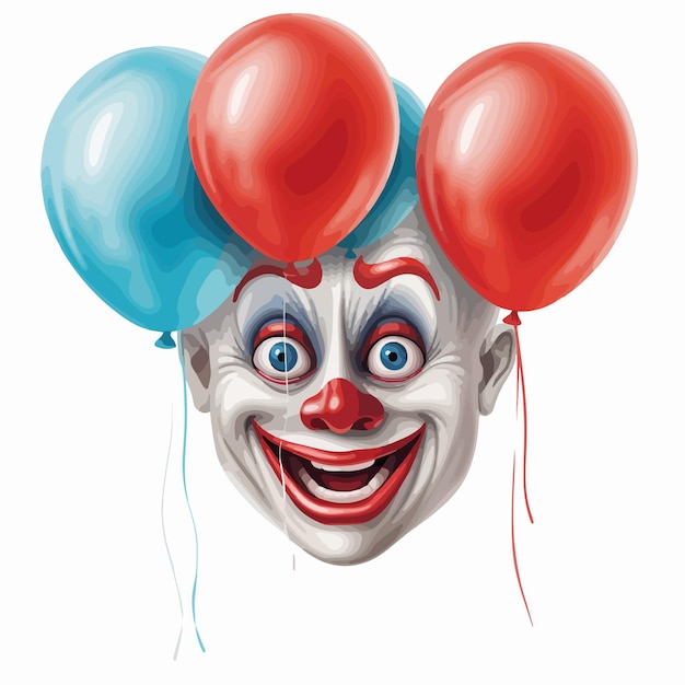 Vector creepy clown face peeking behind balloon