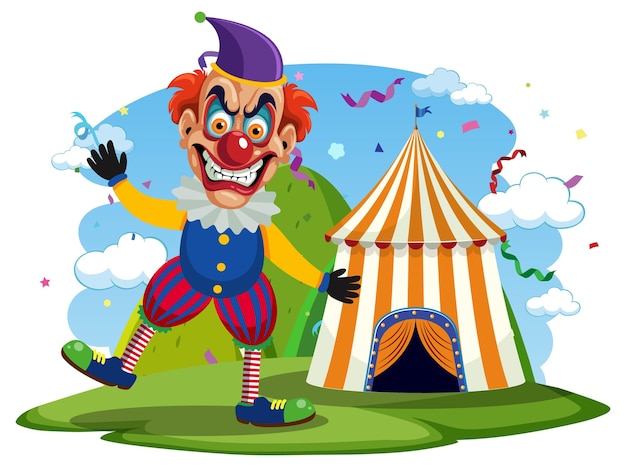 Creepy clown with circus tent background