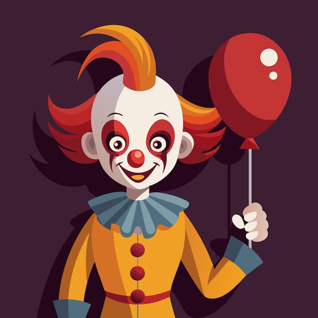 Vector a creepy clown with red hair and a sinister smile holding a red balloon is depicted in a cartoon style against a dark background