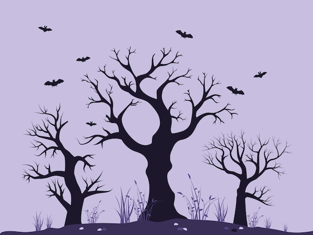 Vector creepy halloween vector scene with trees and bat illustration