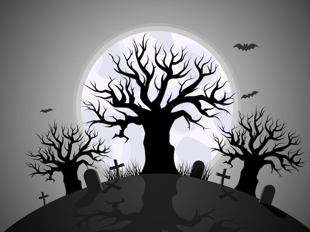 Vector creepy halloween vector scene with trees and moon and cemetery elements