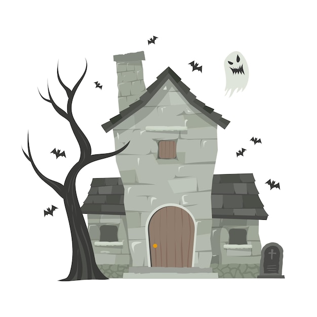 Vector creepy haunted house or castle mansion abandoned home with ghost and bat for halloween concept illustration