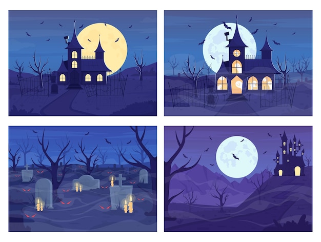 Creepy nighttime flat color vector illustration set