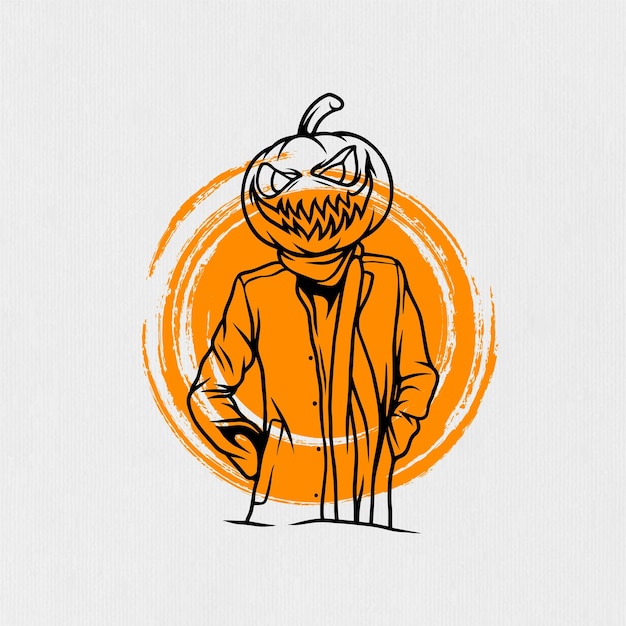 Creepy pumpkin illustration in line art style for halloween