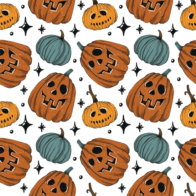 Creepy pumpkins Halloween lanterns seamless pattern