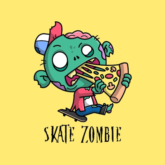 A CREEPY SKATING ZOMBIE IS BITING A SLICE OF PIZZA CARTOON ILLUSTRATION