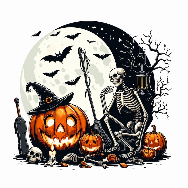 Creepy Skeleton with JackoLanterns and Bats Under a Full Moon for a Haunted Halloween Scene