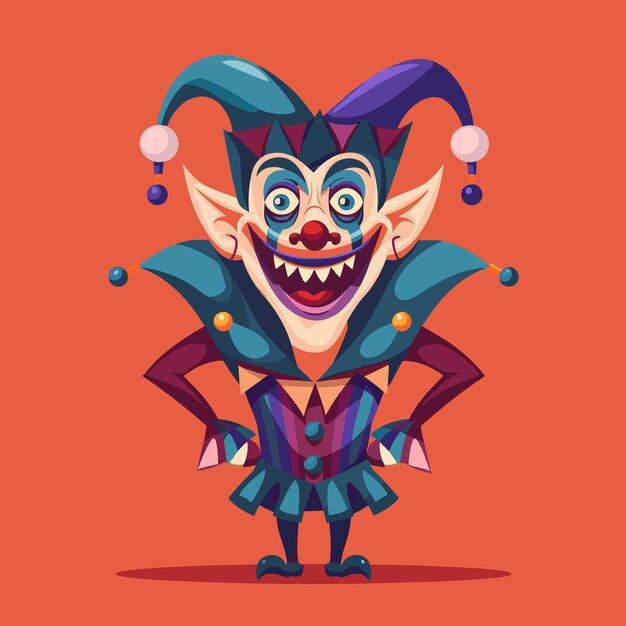 Vector creepy smiling joker jester in cap with bells vector illustration