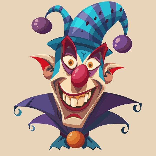 Vector creepy smiling joker jester in cap with bells vector illustration