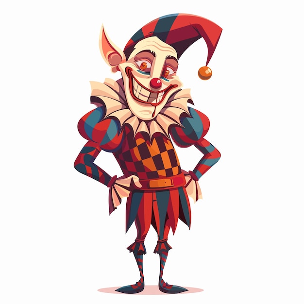 Vector creepy smiling joker jester in cap with bells vector illustration