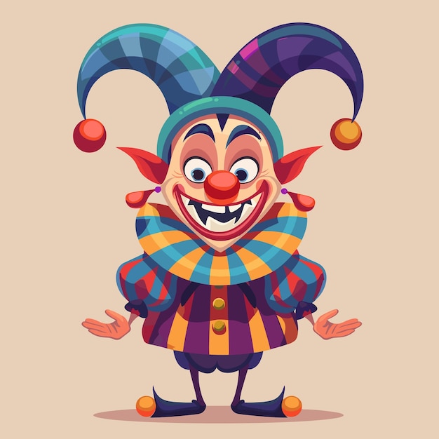 Vector creepy smiling joker jester in cap with bells vector illustration