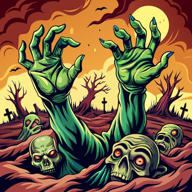 Creepy zombie hands emerging from the ground or reaching out perfect for horrorthemed designs