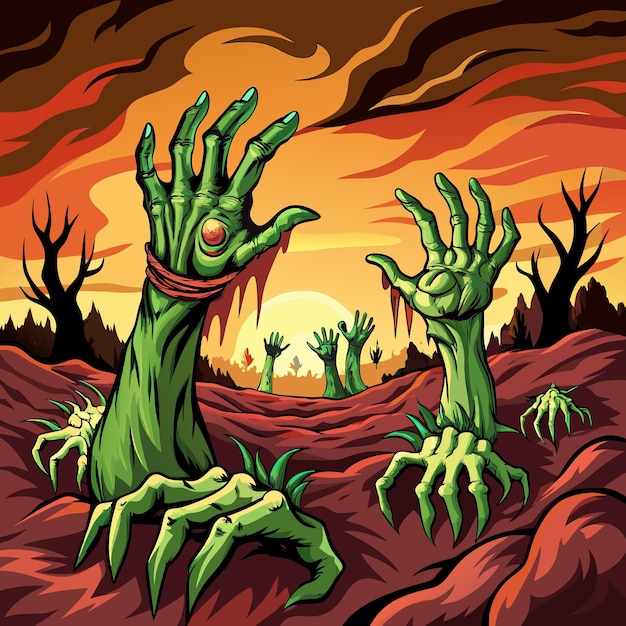 Creepy zombie hands emerging from the ground or reaching out perfect for horrorthemed designs