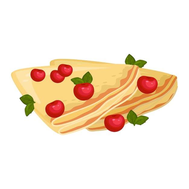 Vector crepes red cherries green leaves top delicious sweet cherry pancakes breakfast tasty dessert