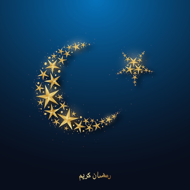 Crescent golden moon and star on shiny blue background.