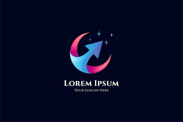 Crescent moon and arrow logo with 3d shape in gradient blue and pink color