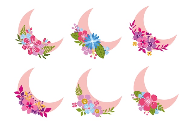 Crescent moon floral style, moon decoration element collection