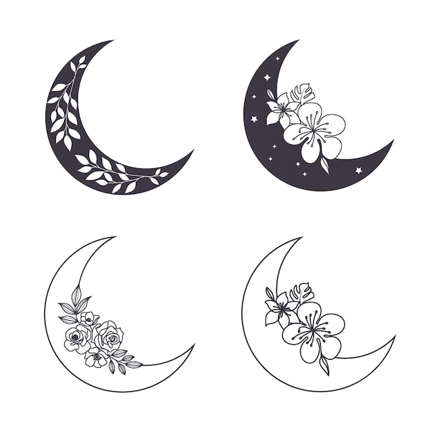 Crescent Moon Flowers Trendy Minimal Linear Style Illustration