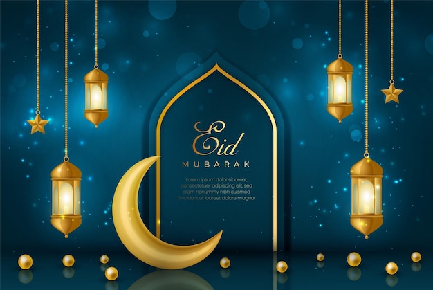 Vector crescent moon and lantern realistic eid mubarak background design