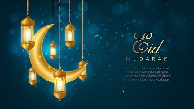 Vector crescent moon and lantern realistic eid mubarak background design