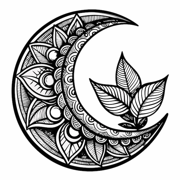 Vector crescent moon mandala with leaves