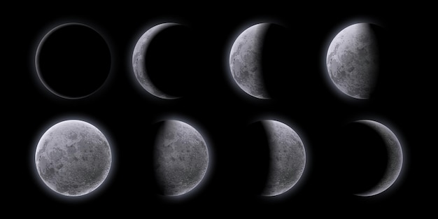 Vector crescent moon phases at night sky sequence frame