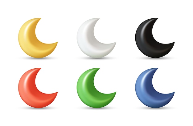 Crescent moon realistic 3d vector icon illustration with different colors